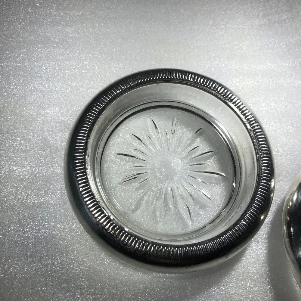 VINTAGE CROWN STERLING & CRYSTAL SUNBURST COASTERS OR ASHTRAYS - SET OF 2